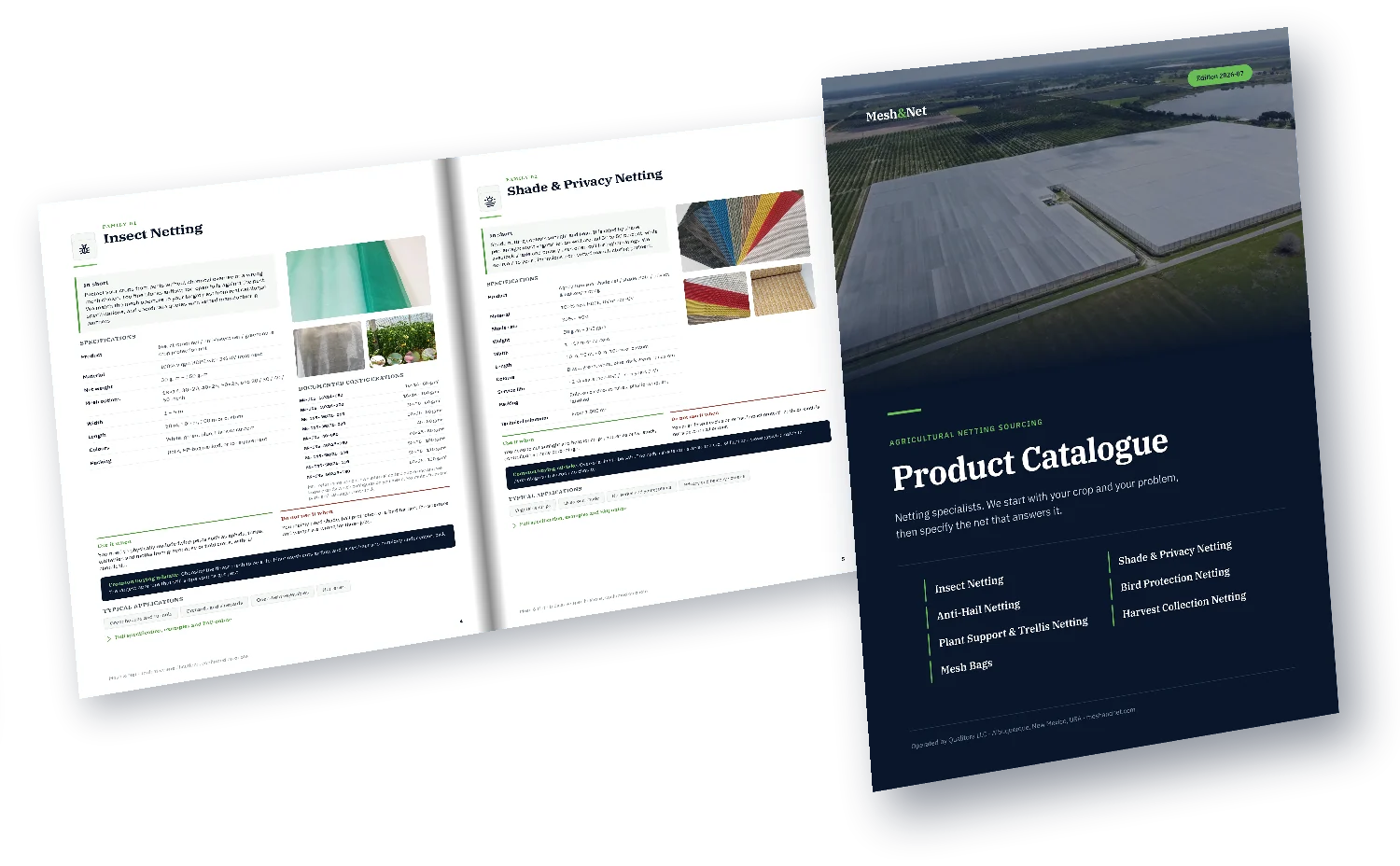 The Mesh & Net product catalogue: cover and an open family sheet showing the specification table, documented configurations and buying advice.