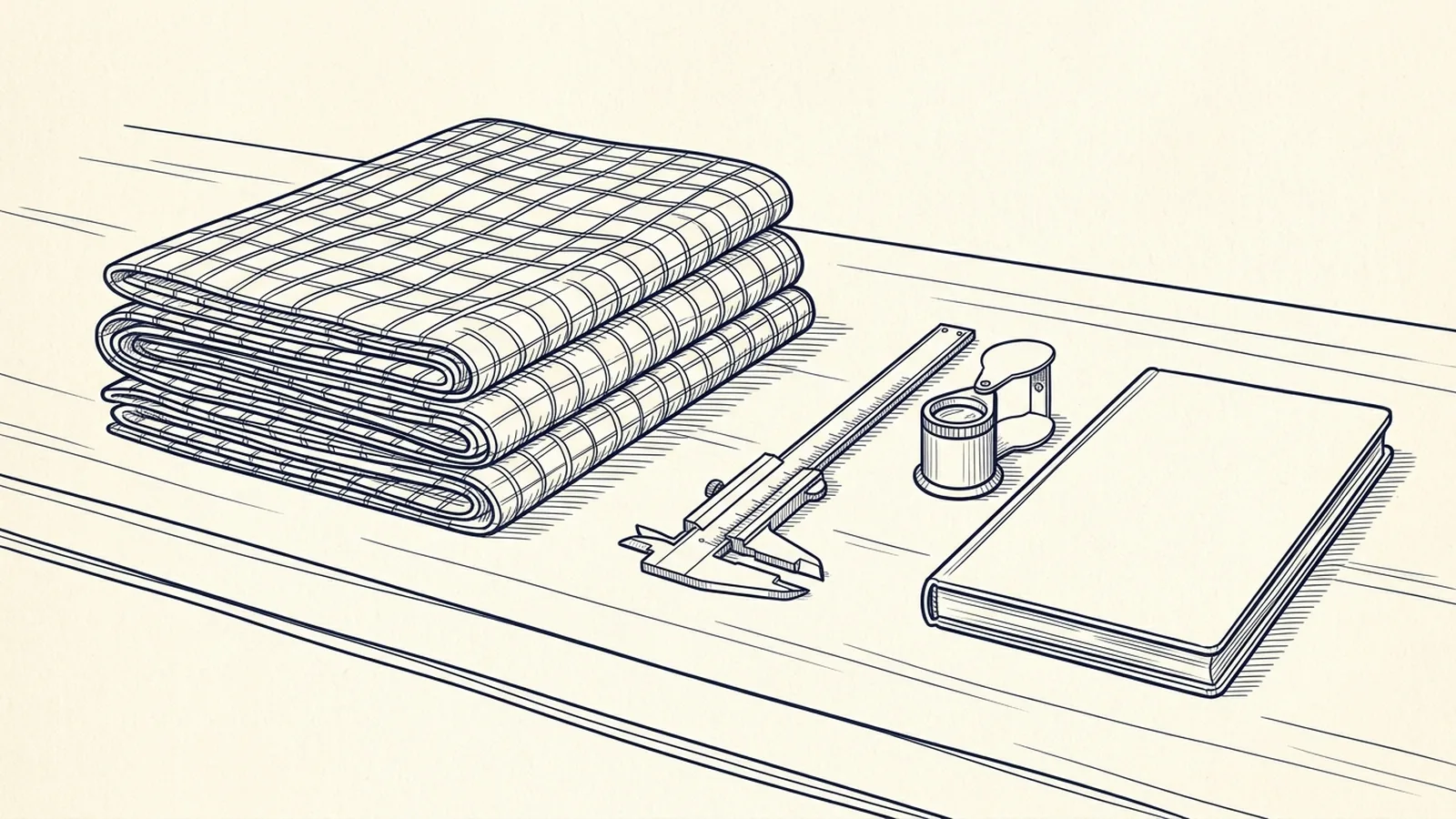 Line drawing of a workbench with folded netting samples, a vernier caliper, a loupe and a notebook.