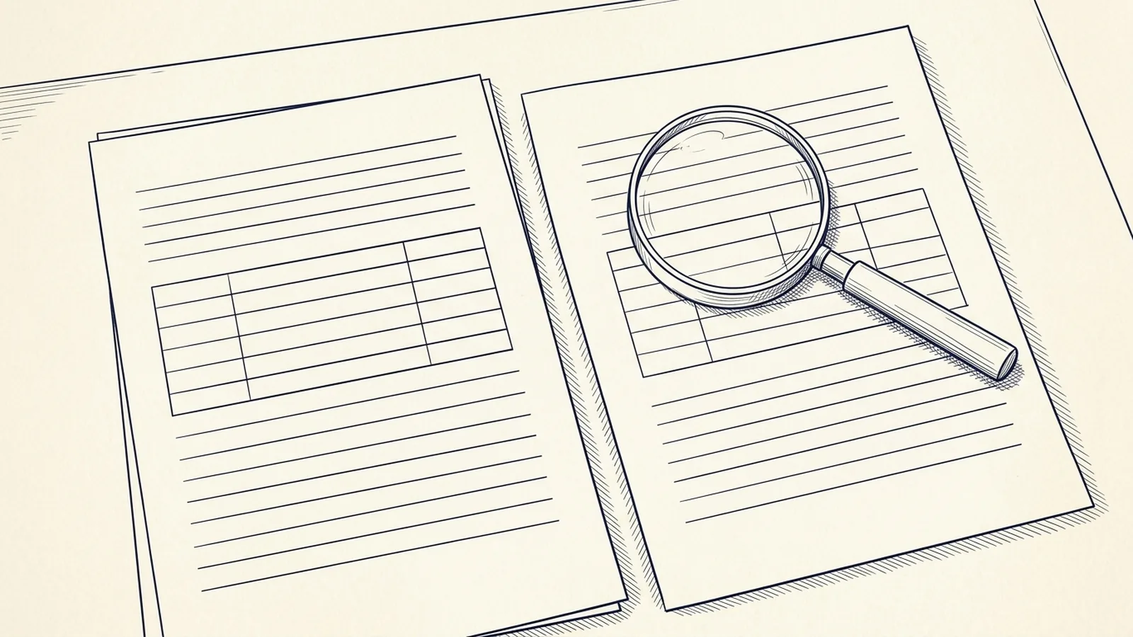 Line drawing of two blank quotation sheets side by side, with a magnifying glass.