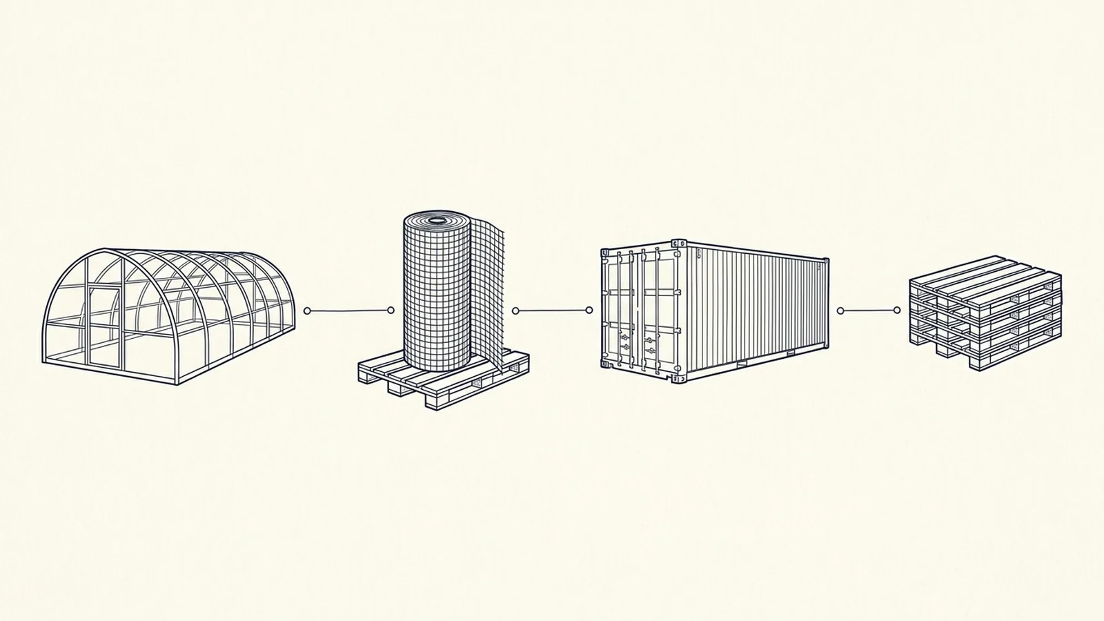 Line drawing reading left to right: a greenhouse tunnel, a roll of netting on a pallet, a shipping container, then stacked pallets.