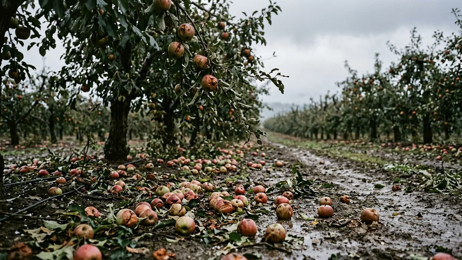 An apple orchard after a hailstorm: bruised and split fruit on the ground between the rows, torn leaves, overcast sky.