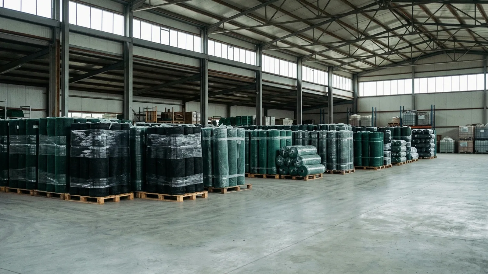 Agricultural netting in roll format, stacked on pallets in a warehouse.
