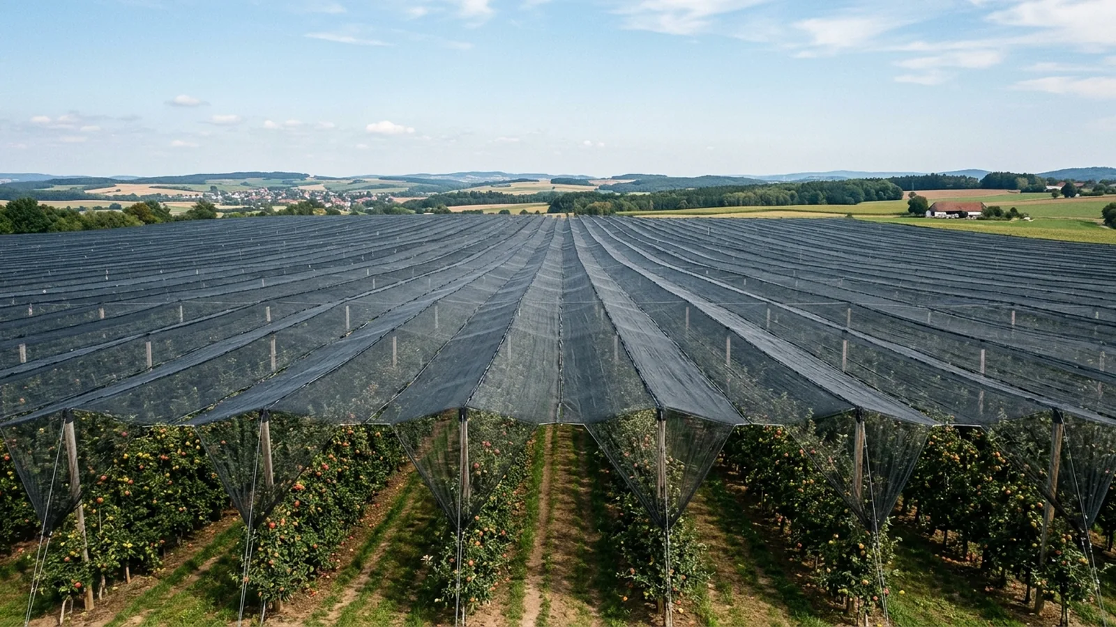 Commercial orchard covered by anti-hail netting stretched high on posts and cables.