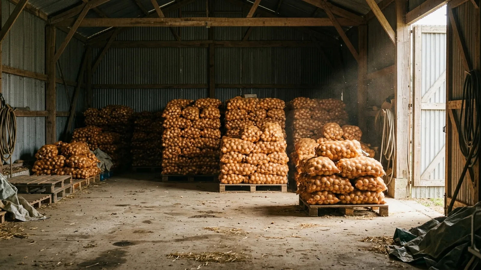 Filled mesh sacks of onions stacked on pallets in a farm storage shed.