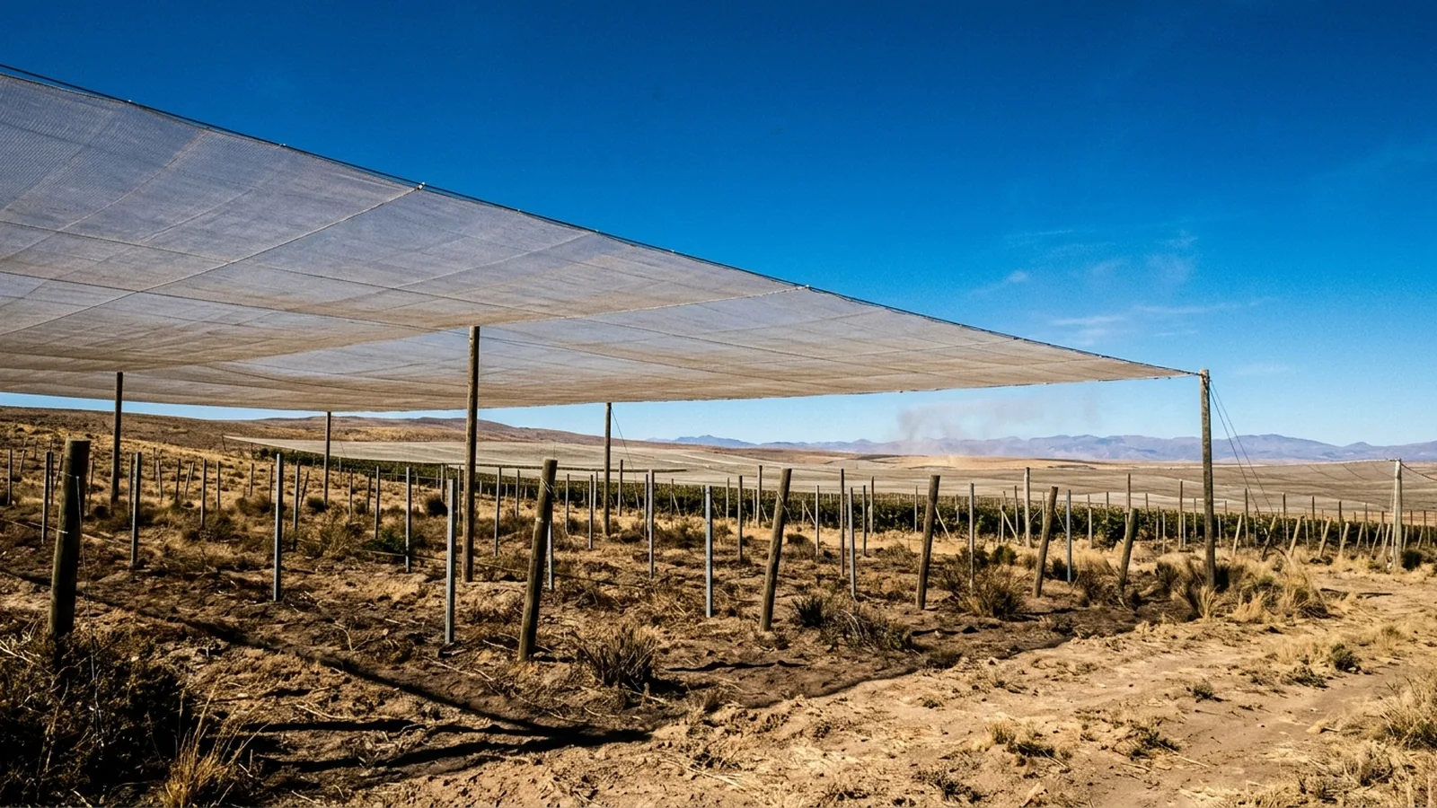 Agricultural netting stretched on posts over a field under strong summer sun.